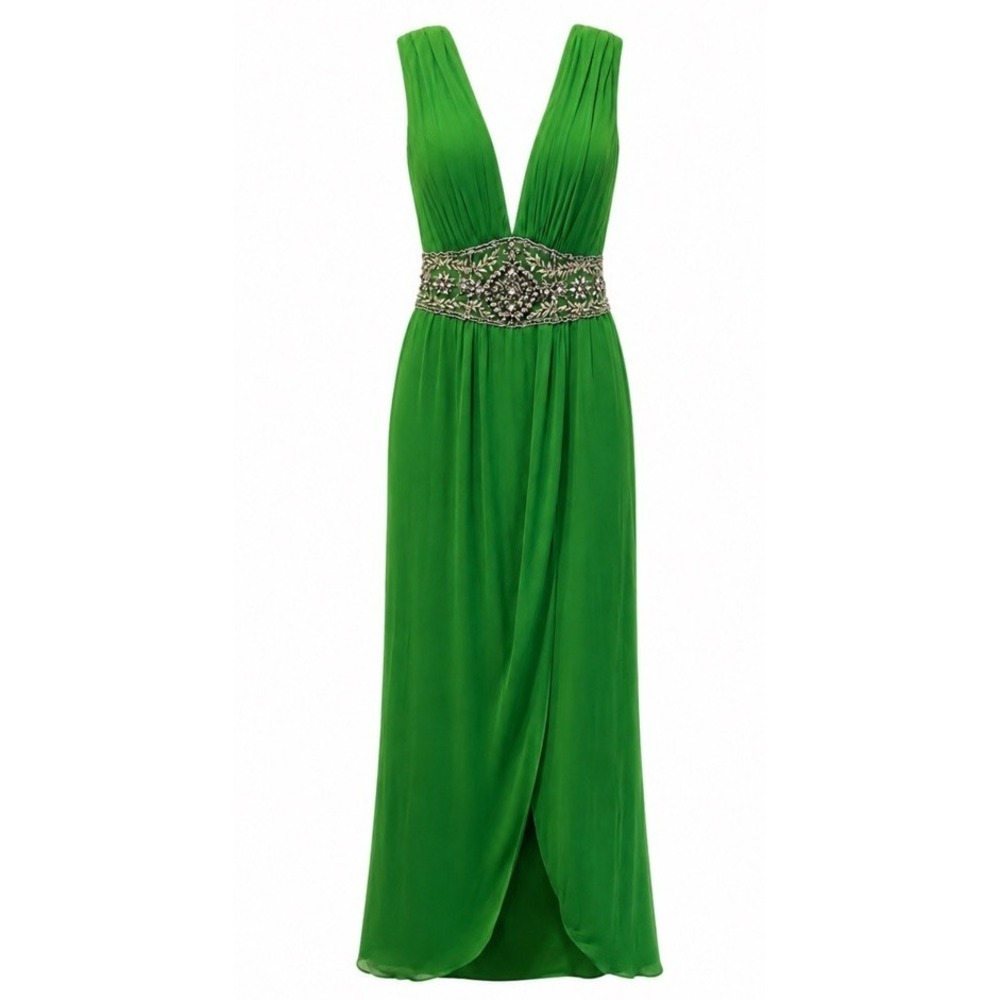 NWT Mandalay Jade Green Silk Embellished Beaded Evening Gown Maxi Dress 10